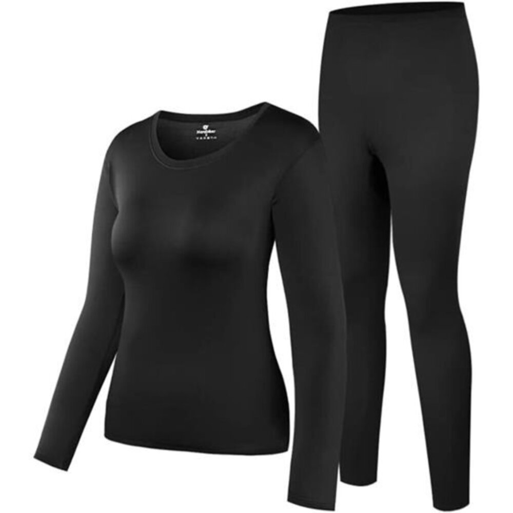 Black Thermal Underwear Women Ultra-Soft Set Base Layer‎ Top & Bottom Long Johns
